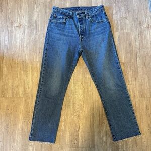 Levi's Women’s 501 Straight Leg Button Fly classic Blue Jeans distressed hem